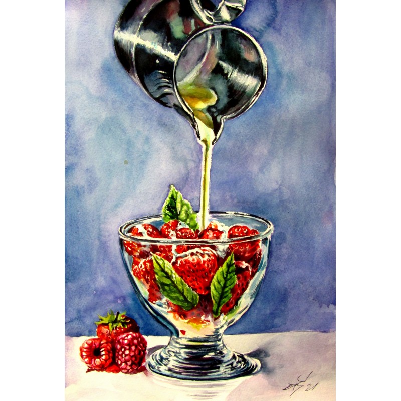 Still life with strawberries and cream